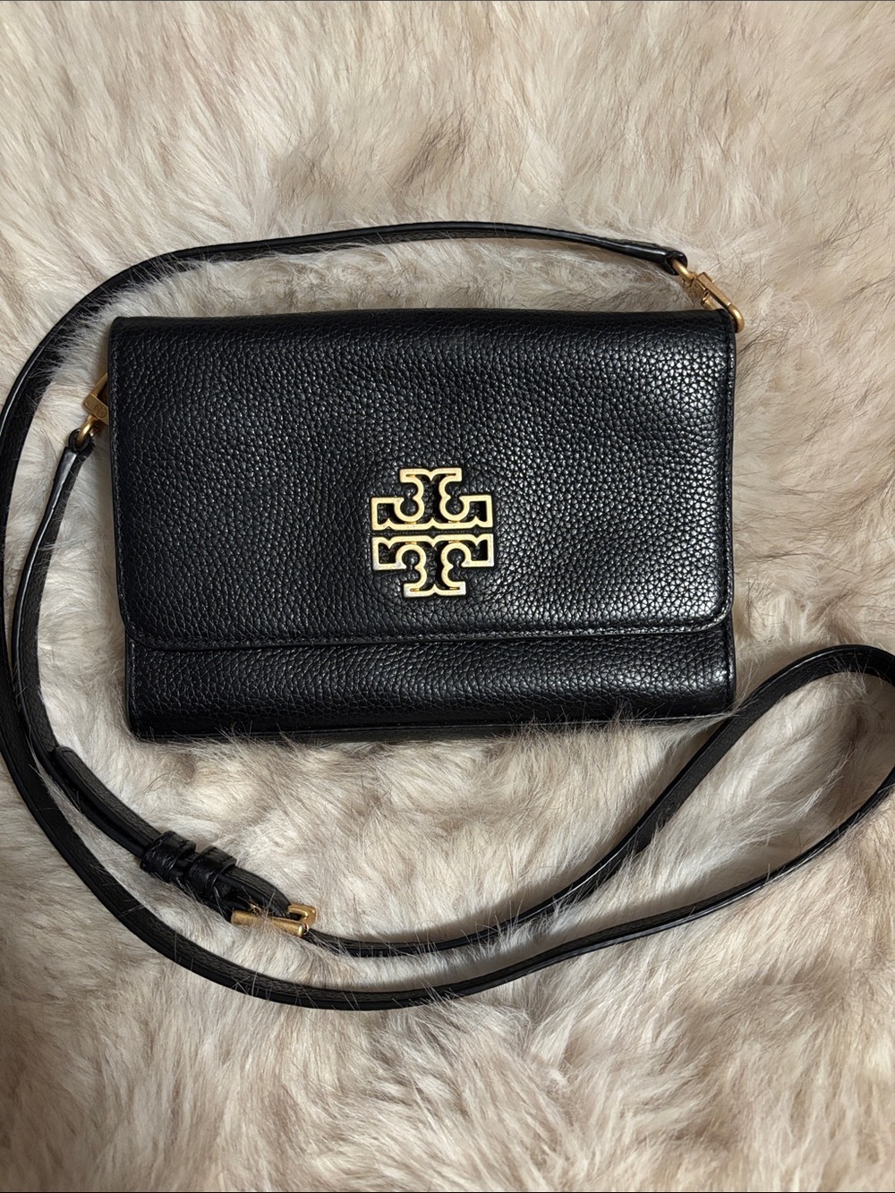 Tory Burch Black Pebbled Leather Crossbody with Gold Logo